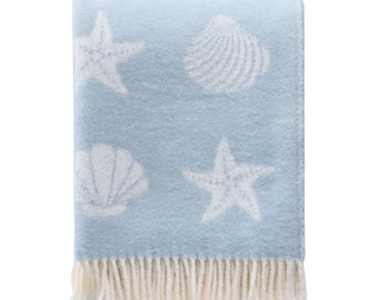 Seashells Pastel Blue Wool Throw | Nautical Blanket | Coastal Seaside Decor