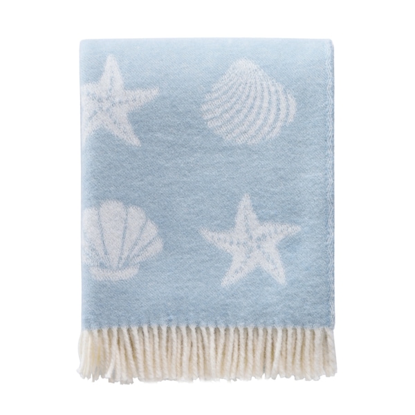 Seashells Pastel Blue Wool Throw, Nautical Blanket, Seashell Coastal Seaside Decor