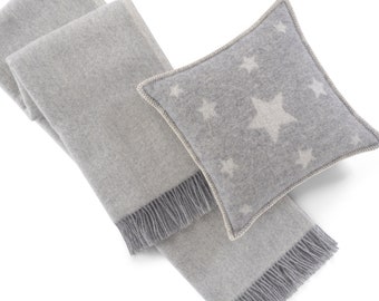 Grey Wool Throw + Stars Cushion Cover Set | Pure Wool Blanket and Pillow for Chair, Sofa, Bed | Cottagecore / Farmhouse Decor Design