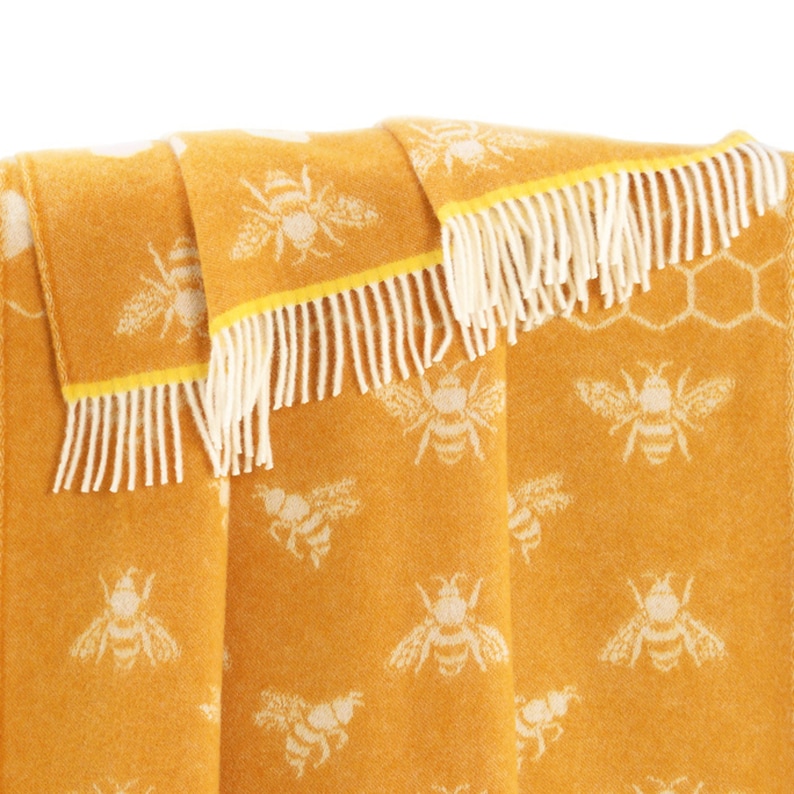 Mustard Yellow Bee Pure Wool Throw, Bee and Honey Design Farmhouse Blanket Throw, Wool Wrap, New Home Decor Gift image 2