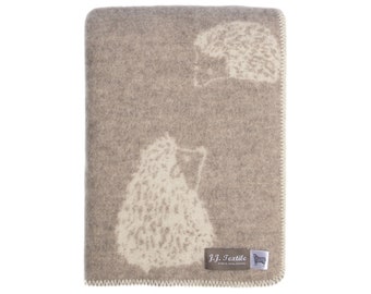 Real Wool Blanket with Reversible Hedgehog Pattern, Soft Beige and Off-White Throw for Chair, Bed & Sofa