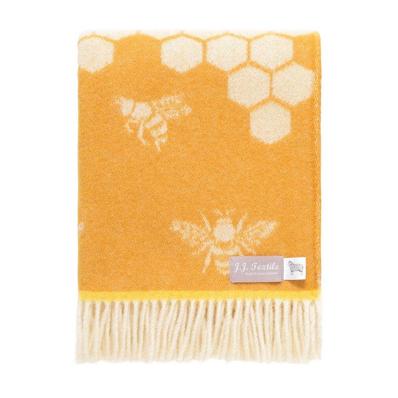 Mustard Yellow Bee Pure Wool Throw, Bee and Honey Design Farmhouse Blanket Throw, Wool Wrap, New Home Decor Gift image 3