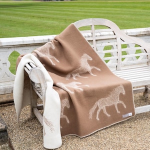 Dot Horse Wool Blanket | Warm Brown and Off-White Reversible Throw | Soft Neutral Equestrian Bedspread | Horse Gifts