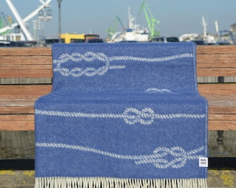 Sailing Knots Wool Throw | Woven Blanket made from Recycled Merino Wool | Blue and Off-White Coastal Decor | Ideal Housewarming Gift