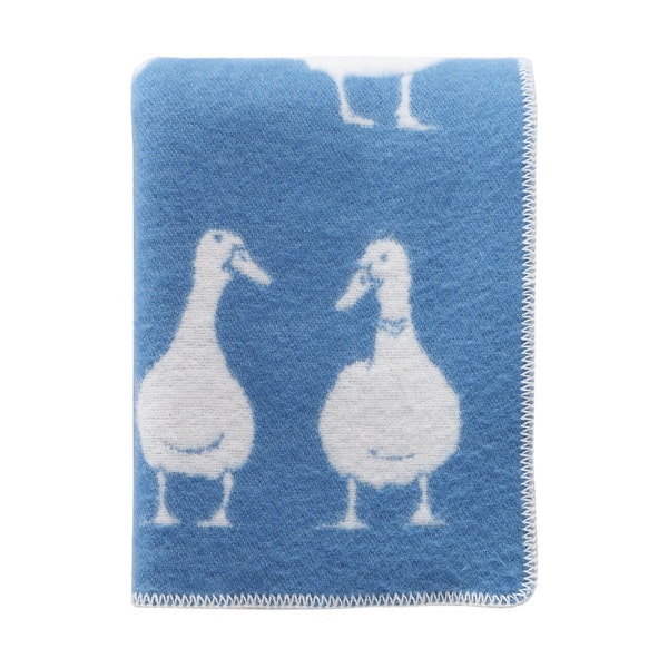 Blue Duck Wool Blanket with Reversible Pattern, Blue/ Off White Throw for Chair, Bed & Sofa