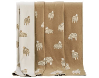 Brown Mima Sheep Large Cotton Blanket, Recycled Cotton Throw for Bed, Soft Bedspread and Sofa Blanket