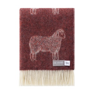 Sheep Burgundy Wool Throw | Woven Red Blanket made from Pure Wool | Ideal as Bedspread, Housewarming Present