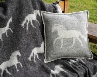 Grey Horse Cushion Cover from Pure Wool is for any room Décor, Reversible, Blanket stitch edge, 45 x 45cm/ 18 x 18" Square Pillowcase