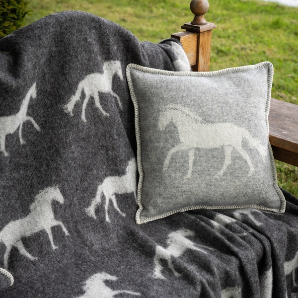 Grey Horse Cushion Cover from Pure Wool is for any room Décor, Reversible, Blanket stitch edge, 45 x 45cm/ 18 x 18" Square Pillowcase