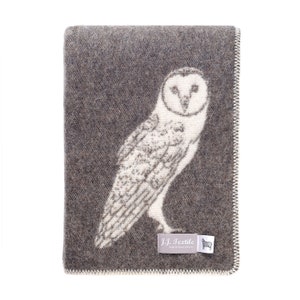 Owl Wool Blanket | Taupe Brown and Off White Throw | For Chair, Bed & Sofa