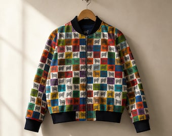 Colourful Patchwork Sheep Bomber Jacket | Fun Design | Statement Coat