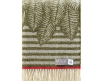 Mossy Green Stripe Fern Wool Throw in Botanical Leaf Design, Picnic Blanket, For Sofa, Bed and Chair