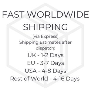 May include: White graphic with the text "FAST WORLDWIDE SHIPPING" and shipping estimates for various regions, including the UK, EU, USA, and the rest of the world. The text is in a bold, sans-serif font.