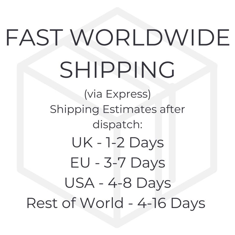 May include: White graphic with the text "FAST WORLDWIDE SHIPPING" and shipping estimates for various regions, including the UK, EU, USA, and the rest of the world. The text is in a bold, sans-serif font.