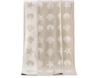 Beige Seashells Cotton Blanket | Recycled Cotton Throw for Bed | Soft Bedspread and Sofa Blanket