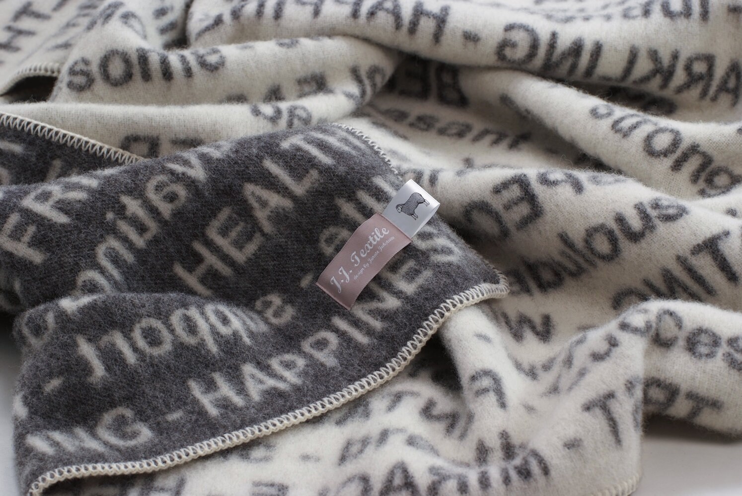 Wool Blanket Wellness Positive Word Throw Reversible Grey Etsy