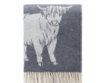 Grey Highland Cow Wool Throw | Woven from Pure Wool | Cosy Blanket