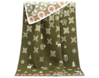 Winter Forest Wool Blanket | Moss Green, Red and White Throw | Fully Reversible