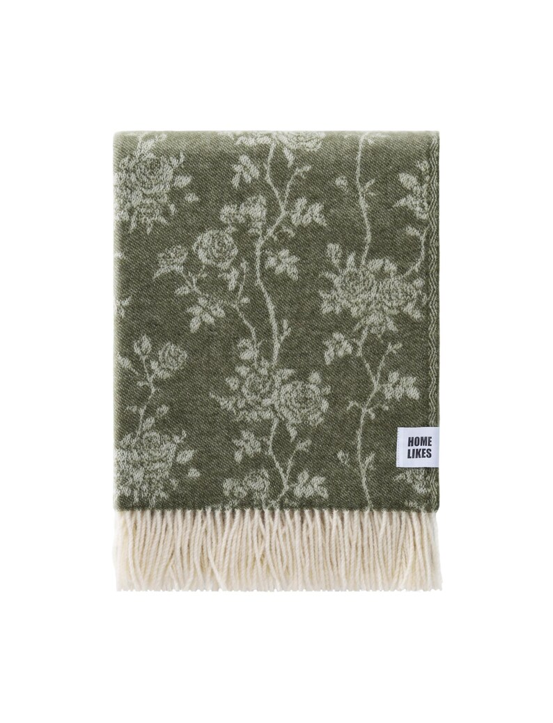 Roses Wool Throw Woven Blanket Made From Recycled Merino Wool Green and