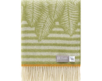 Light Green Stripe Fern Throw, Pure Wool Blanket, Botanical Leaf Pattern Design, For Sofa, Armchair and Gift