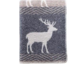 Deer Blanket with Reversible Pattern Ideal for Any Room, Made from Real Wool, Soft Brown/ Grey Large Throw Perfect for Chair, Bed & Sofa
