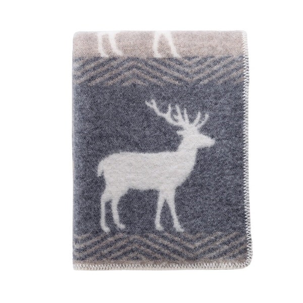 Deer Blanket with Reversible Pattern Ideal for Any Room, Made from Real Wool, Soft Brown/ Grey Large Throw Perfect for Chair, Bed & Sofa