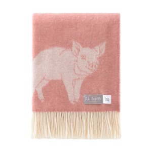 Pink Piglet Wool Throw, Pink/ Off-White Blanket with Tassels for Chair, Bed & Sofa