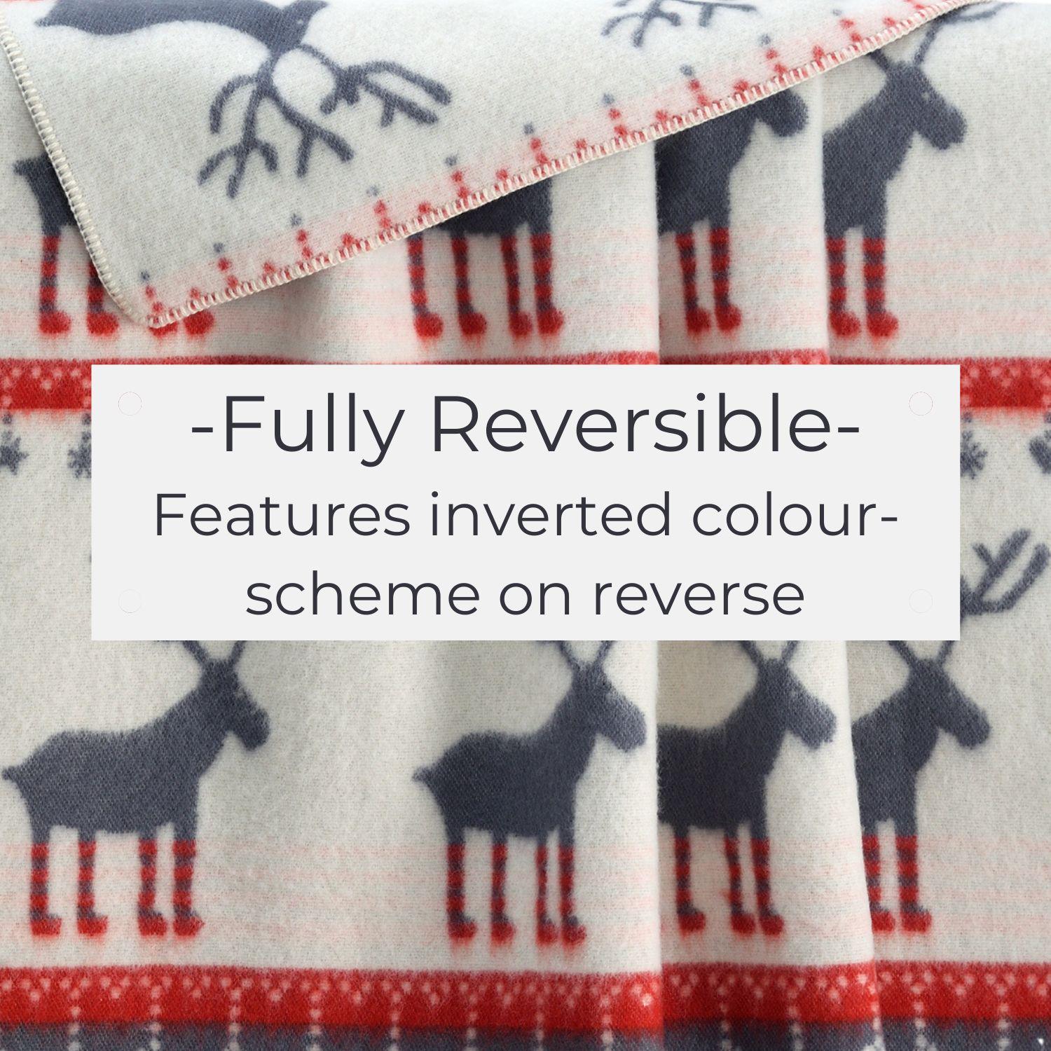リバーシブルのトナカイ柄ウールブランケット | 本物のウールを使用