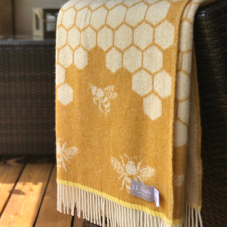 Mustard Yellow Bee Pure Wool Throw, Bee and Honey Design Farmhouse Blanket Throw, Wool Wrap, New Home Decor Gift image 1