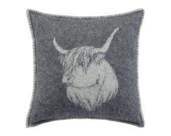 Soft Black Highland Cow Cushion Cover | Pure Wool Reversible Pillowcase | 45 x 45cm/ 18 x 18"