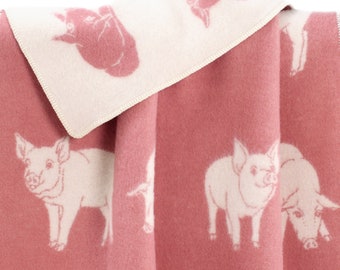 Real Wool Blanket with Reversible Piglet Pattern, Pink/ Off-White Throw for Chair, Bed & Sofa