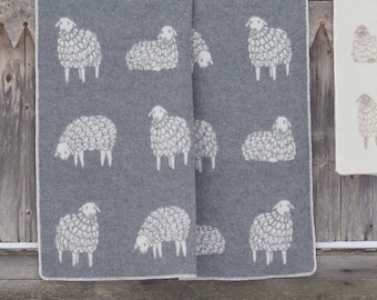 Grey Sheep Mima Blanket, Pure Wool Blanket Throw, Cute Pattern Woven Throw Wrap, Soft Bedspread, Housewarming Present