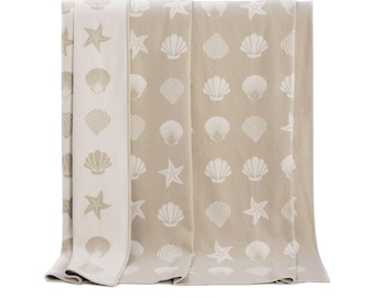 Beige Seashells Large Cotton Blanket | Cotton Throw for Bed | Soft Bedspread and Sofa Blanket