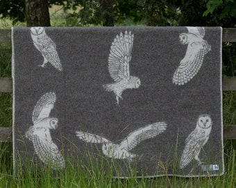 Real Wool Blanket with Reversible Owl Pattern, Taupe/ Off White Throw Perfect for Chair, Bed & Sofa