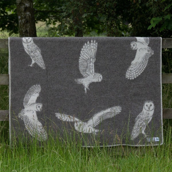 Couverture en laine véritable avec motif hibou réversible, jeté taupe/blanc cassé, parfaite pour chaise, lit et canapé