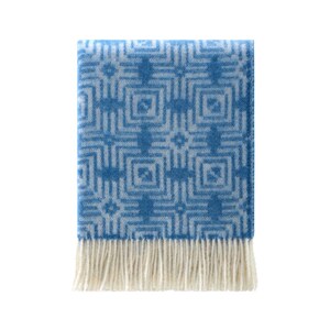 Può includere: Una coperta piegata con motivo blu e bianco con un design geometrico. La coperta ha una frangia lungo il bordo inferiore. Il motivo è un disegno ripetitivo di quadrati e croci.
