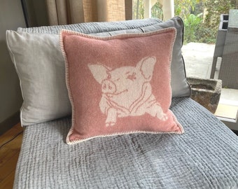 Pink Piglet Cushion Cover, Made from Real Wool, Reversible Pig Chair Cushion for Sofa, Bench and as a House Gift, 45 x 45cm/ 18 x 18" Square