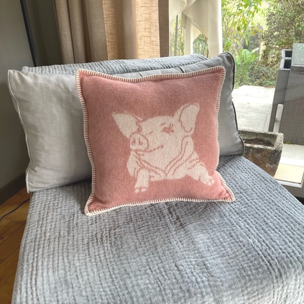 Pink Piglet Cushion Cover, Made from Real Wool, Reversible Pig Chair Cushion for Sofa, Bench and as a House Gift, 45 x 45cm/ 18 x 18" Square