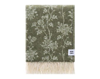Roses Wool Throw | Moss Green Floral Woven Blanket | Recycled Merino Wool