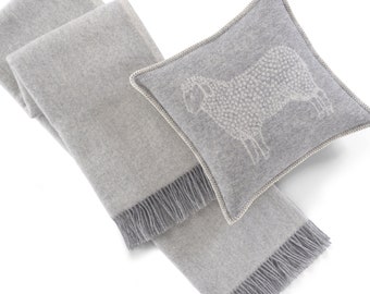 Grey Wool Throw + Sheep Cushion Cover Set | Pure Wool Blanket and Pillow for Chair, Sofa, Bed | Cottagecore / Farmhouse Decor Design