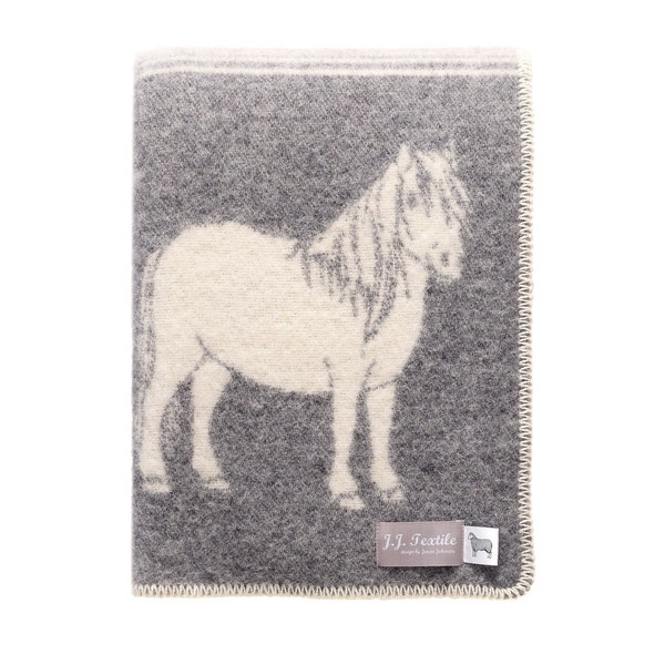 Ponies Wool Blanket with Reversible Horse Pattern, Made from Real Wool, Large Soft Grey/ Brown Throw Perfect for Chair, Bed & Sofa