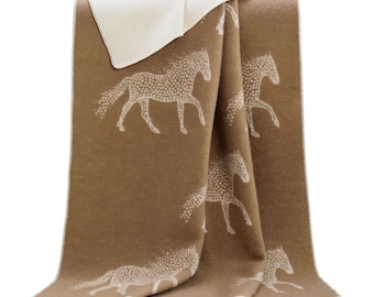 Dot Horse Wool Blanket, Brown and Off-White Reversible Throw,  Soft Neutral Equestrian Bedspread, Horse Gifts