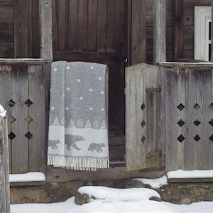 Moon Wool Throw, Polar Bear Grey Blanket with Stars, Winter Nordic Design, Fully Reversible, Perfect Present