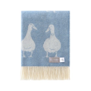 Blue Duck Wool Throw, Blue/ Off-White Blanket with Tassels for Chair, Bed & Sofa