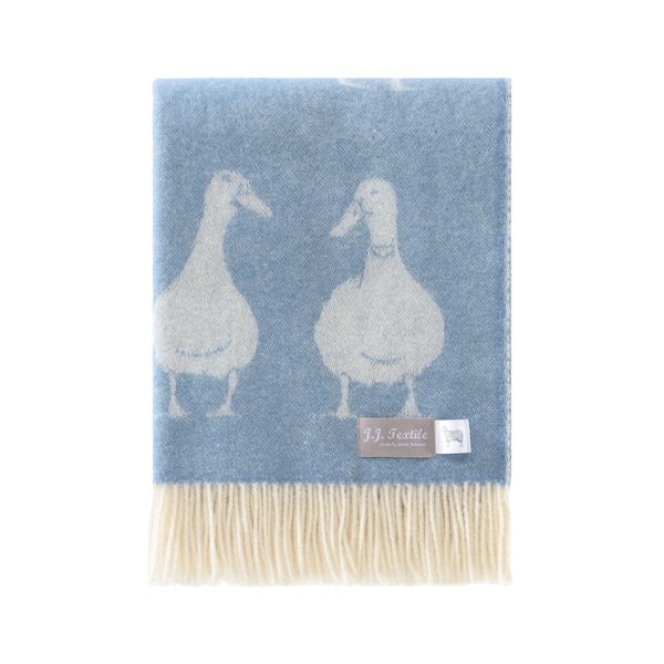 Blue Duck Wool Throw, Blue/ Off-White Blanket with Tassels for Chair, Bed & Sofa