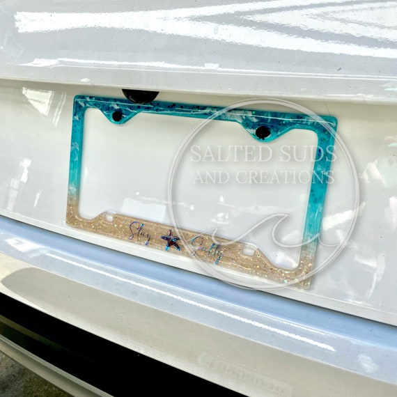 Glitter Resin Beach License Plate Frame: Personalized Ocean Decor