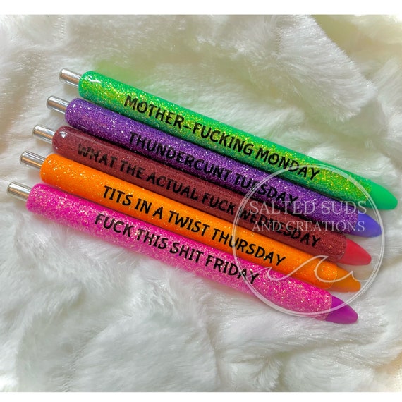 Custom Profanity Days of the Week Glitter Pens -Custom Glitter Gel Pen -  Refillable Glitter Pens - Black Ink Gel Pens - Custom Gifts - Gift