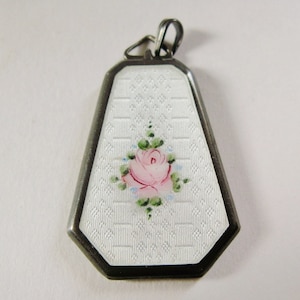 Guilloche Enamel Sterling Silver Locket With Hand Painted Pink Rose On White Background