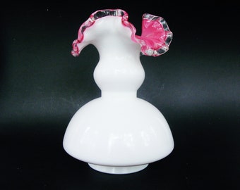 Fenton Art Glass 7" Vase, Peach Crest, Milk Glass, Unusual Form, Ruffled Crimped