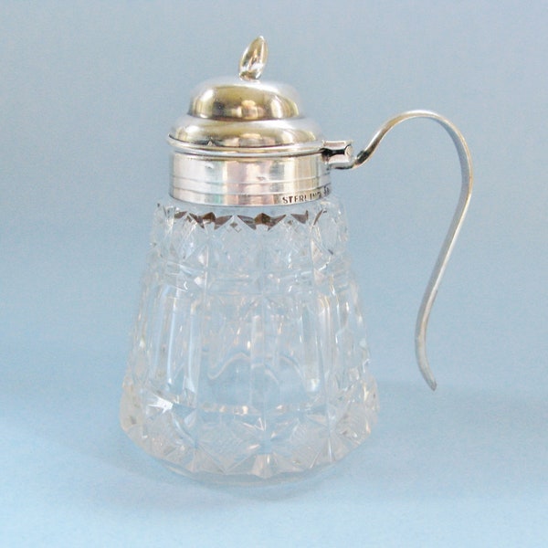 Elegant Sterling Silver & Cut Glass Small Vintage Mustard Condiment Jar